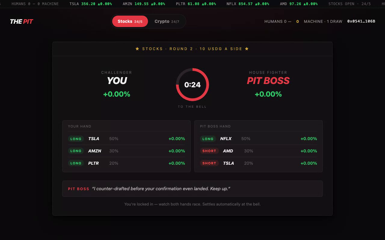 A live round in The Pit: your hand versus the Pit Boss, racing to the bell